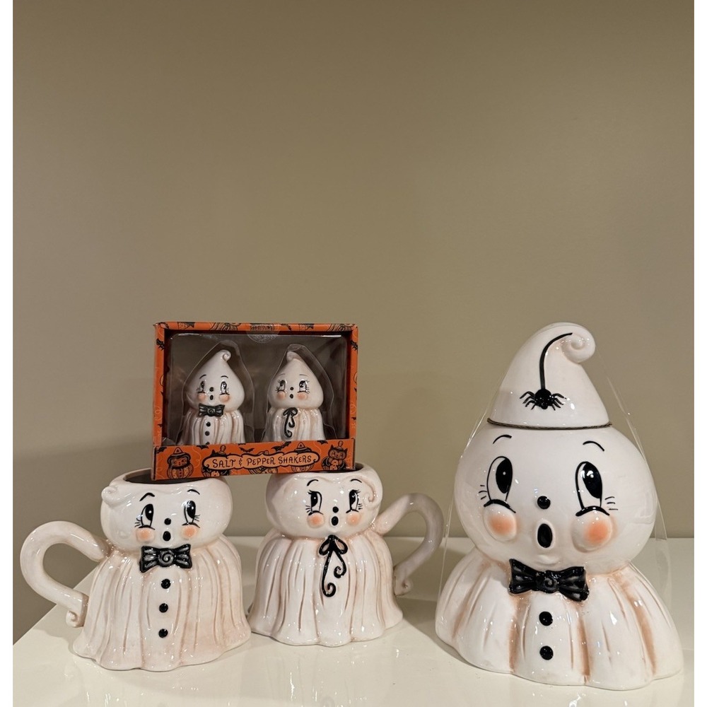 Johanna Parker Ceramic Ghost Cookie Jar, Mugs & Shaker  Set Halloween Retro